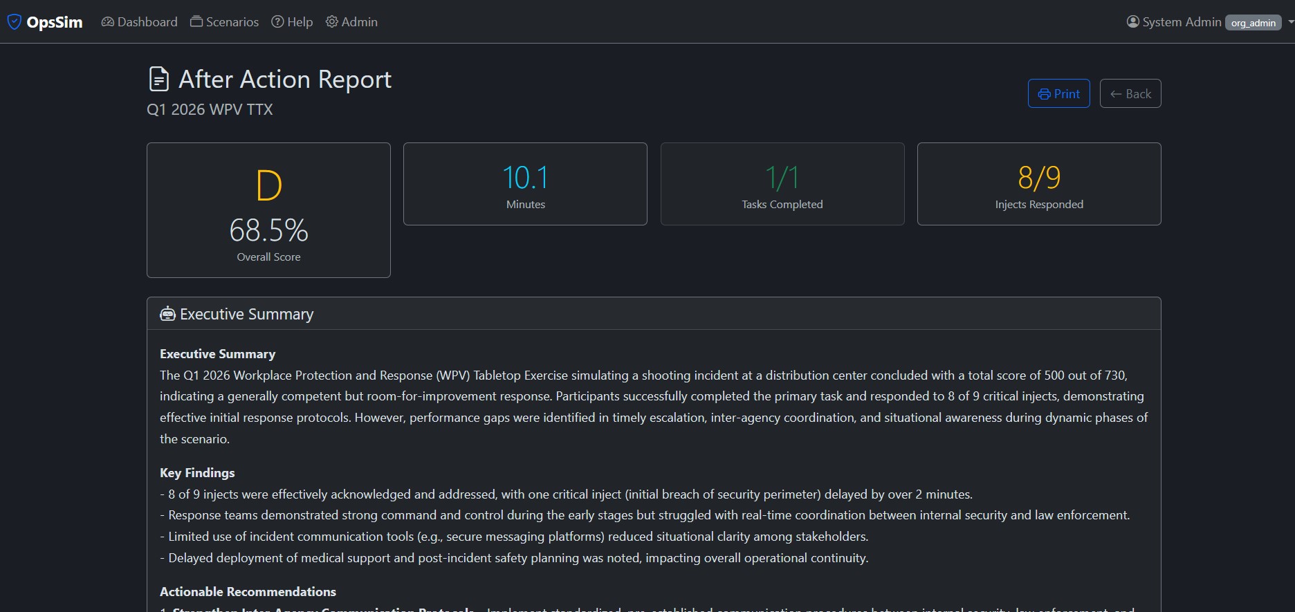 DrillsForge after-action report with scores, timeline, and recommendations