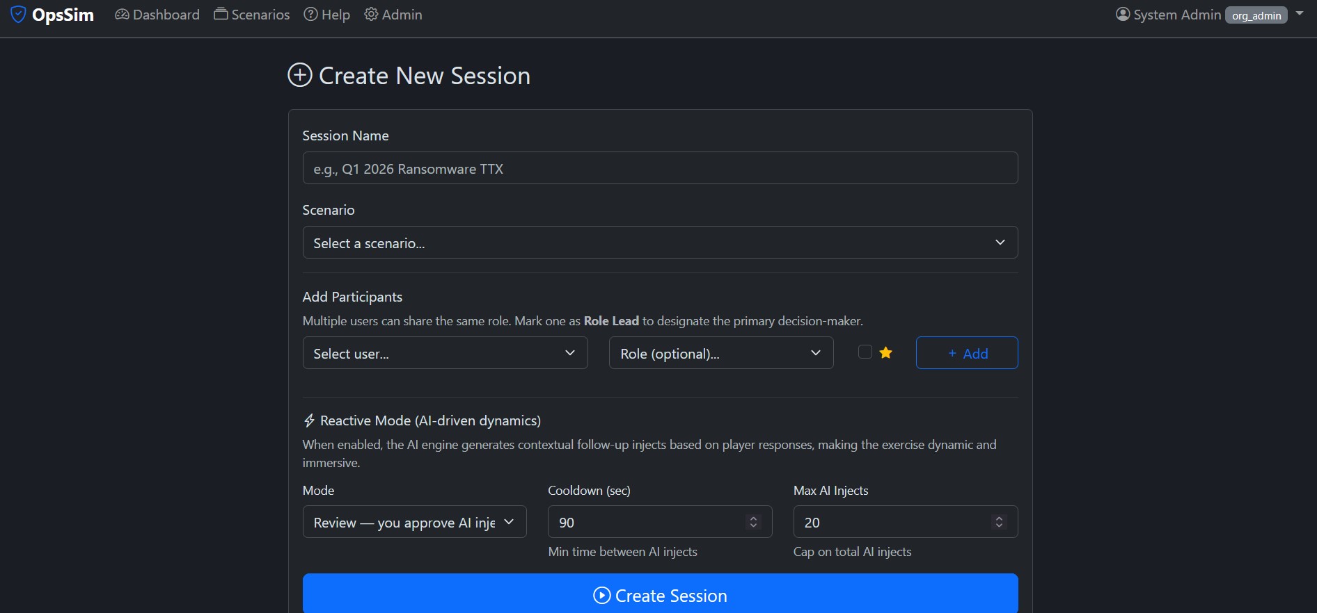 DrillsForge session creation with role assignments and settings
